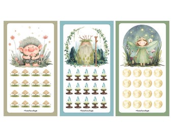 May include: Three whimsical watercolor illustrations featuring fantasy creatures. One shows a troll holding a mushroom, another a forest spirit with a staff, and the last a fairy. Each image has a grid of small icons at the bottom.