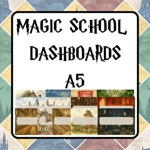 Könnte beinhalten: Ein weißes Quadrat mit dem Text "MAGIC SCHOOL DASHBOARDS" in schwarzer, gotischer Schrift. Darunter steht "A5". Der untere Teil des Quadrats zeigt eine Collage von Bildern mit Fantasy-Motiven.