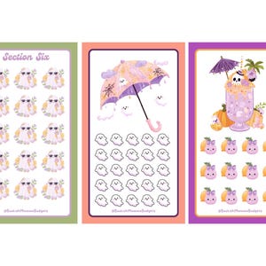 May include: Three rectangular sticker sheets with colorful borders. The first sheet features ghosts with sunglasses and the text Section Six. The second shows a patterned umbrella and small ghosts. The third displays a skull drink and small fruit characters.