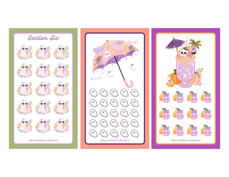 May include: Three rectangular sticker sheets with colorful borders. The first sheet features ghosts with sunglasses and the text Section Six. The second shows a patterned umbrella and small ghosts. The third displays a skull drink and small fruit characters.