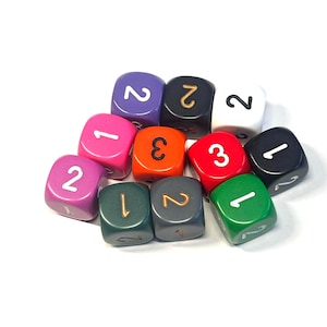May include: A collection of colorful dice with white numbers. The dice are in various colors, including purple, black, white, pink, orange, red, green, and gray. Each die has a different number of sides visible.