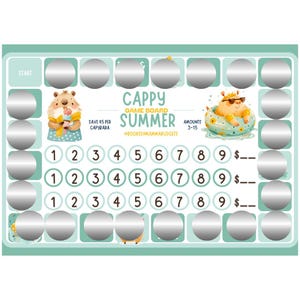 Puede incluir: Un tablero de juego turquesa y blanco con el texto "Cappy Summer Game Board". El tablero presenta ilustraciones de carpinchos, números y círculos para rascar. El texto dice "Ahorra $5 por carpincho".