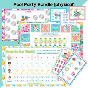 May include: A colorful pool party bundle with various games and activities. Includes a scratch-off game, a 'Splash Cash Savings' game, and a 'Race to the Floats!' game. The bundle features bright pink, blue, and yellow colors with summer-themed graphics.