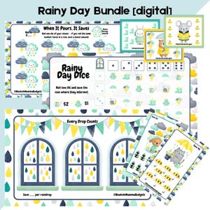 May include: A digital bundle with a rainy day theme, featuring printable savings trackers and dice games. The design includes illustrations of clouds, raindrops, and cute animals. Text includes "Rainy Day Bundle [digital]", "Rainy Day Dice", and "Every Drop Counts".