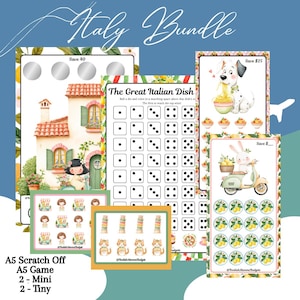 May include: A collection of printed paper savings trackers and game sheets titled Italy Bundle. Includes an A5 scratch-off card with a house illustration, a game sheet titled The Great Italian Dish, a dog-themed tracker, a rabbit on a scooter tracker, and two mini and two tiny sticker sheets featuring illustrated characters and food items.