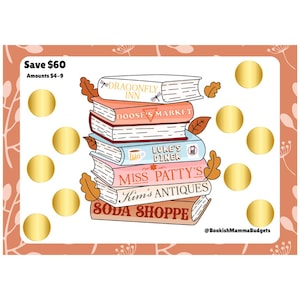 May include: A stack of five books with colorful covers and gold coins scattered around them. The books have titles like "Dragonfly Inn", "Doose's Market", "Luke's Diner", "Miss Patty's", and "Kim's Antiques". The bottom book has the words "Soda Shoppe" on the cover. The text "Save $60" and "Amounts $4-9" is at the top of the image.