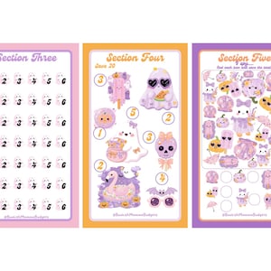 May include: Three rectangular savings tracker sheets with pastel purple, orange, and pink borders. Section Three features ghost icons with numbers one through six. Section Four displays numbered illustrations of ghosts, skulls, and a flamingo. Section Five is an I spy game with various icons and empty circles.