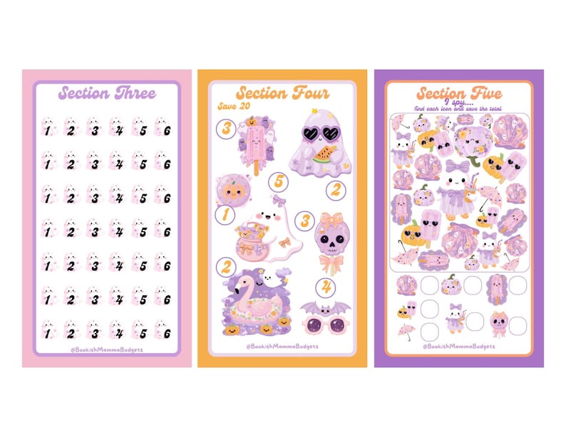 May include: Three rectangular savings tracker sheets with pastel purple, orange, and pink borders. Section Three features ghost icons with numbers one through six. Section Four displays numbered illustrations of ghosts, skulls, and a flamingo. Section Five is an I spy game with various icons and empty circles.