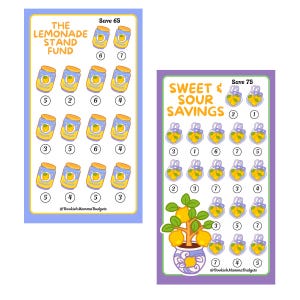 Puede incluir: Dos tarjetas rectangulares de seguimiento de ahorros. La tarjeta izquierda es azul claro con iconos de tarros de limonada amarillos y el texto THE LEMONADE STAND FUND y Save 6$. La derecha es morada con limones y el texto SWEET & SOUR SAVINGS y Save 7$.