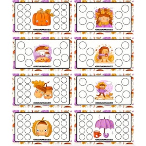 May include: A set of illustrated cards with an autumn theme. Each card features a different fall-related image, such as a pumpkin, mushroom, acorns, and a person with an umbrella. Each card has a series of blank circles.