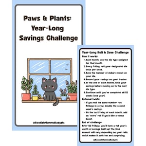 May include: A card for a "Paws & Plants: Year-Long Savings Challenge" with a cartoon cat and plants in a window. A second card details the "Year-Long Roll & Save Challenge" with instructions on how to save.