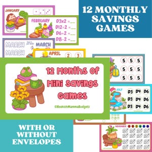 May include: A collection of 12 monthly savings game cards featuring colorful illustrations of frogs, plants, and math challenges. The text reads 12 MONTHLY SAVINGS GAMES, 12 Months of Mini Savings Games, @BookishMammaBudgets, and WITH OR WITHOUT ENVELOPES.