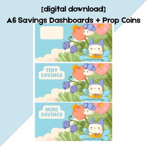 May include: Digital download of A6 savings dashboards with prop coins. The design features a light blue background with cartoon illustrations of flowers, berries, and a cute character. The text "TINY SAVINGS" and "MINI SAVINGS" are displayed.