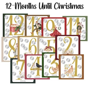 May include: A collection of twelve square cards labeled 12-Months Until Christmas, each featuring a large gold number, silver scratch-off circles, and illustrations of holiday figures, birds, and festive items like drums and bells.