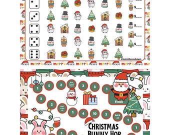 May include: A festive Christmas-themed game board and dice chart. The game board features a bunny hop theme with a start and finish, and the dice chart has Christmas-themed images. The text "Christmas Bunny Hop" is displayed.