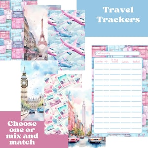 May include: A collection of travel-themed planner inserts featuring watercolor illustrations of the Eiffel Tower, Big Ben, and the Empire State Building, alongside pink airplanes and a blank expense tracker sheet with the text Travel Trackers.