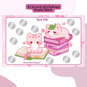May include: A5 scratch-off challenge card with a pink and white design. The card features illustrations of pink cats on books, with the text "Save £50". The card is double-sided and includes silver scratch-off circles.
