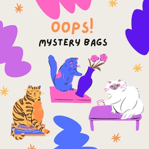 May include: Illustration with the text "Oops! Mystery Bags." Features three cartoon cats in various poses. One is orange with black stripes, another is blue with pink spots, and the third is white. The background has abstract shapes and stars.