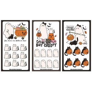 May include: Three Halloween-themed sticker sheets. Each sheet features a black border and white background with illustrations of ghosts, pumpkins, and black cats. Text includes "You deserve new Halloween decor", "Cute but Creepy", and "Pawsitively Spooky Together".