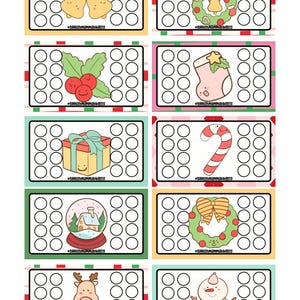 May include: A sheet of Christmas-themed stickers featuring various festive illustrations. Designs include bells, a bunny in a wreath, holly, a stocking, a gift, a candy cane, a snow globe, a wreath, a reindeer, and a snowman. Each sticker has a grid of circles.