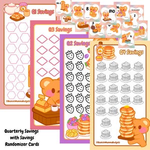 Quarterly Pancake & Bear Savings Challenges | Set of Four Laminated A6 Dashboards with Randomizer Cards, Cash Stuffing Budget Tracker