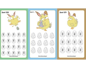 May include: A printable worksheet with three sections, each featuring a cartoon chick holding an Easter egg. The sections are titled "Save £20", "Save £___", and "Save £24". Each section has a grid of 12 blank Easter eggs, with some eggs filled in with the numbers 1 and 2.