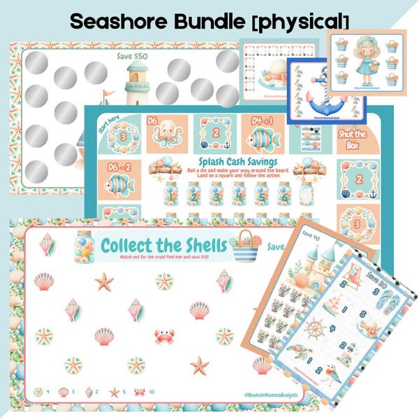 Seashore Savings Bundle, Coastal Scratch Off Tracker, A6 Cash Stuffing Kit