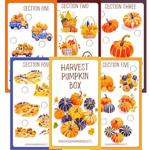 Può includere: Una collezione di biglietti a tema autunnale con illustrazioni di zucche, cesti e paesaggi del raccolto. I biglietti sono suddivisi in sezioni e includono il testo "HARVEST PUMPKIN BOX" e l'handle dei social media @BOOKISHMAMMABUDGETS.