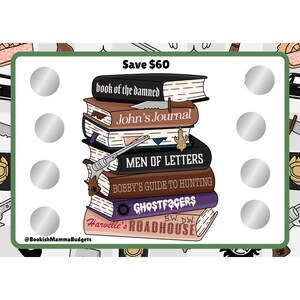 May include: A stack of books with titles like "book of the damned", "John's Journal", and "Men of Letters". A knife, a gun, and other objects are placed on the books. The text "Save $60" is at the top. The image has a green border and silver circles.