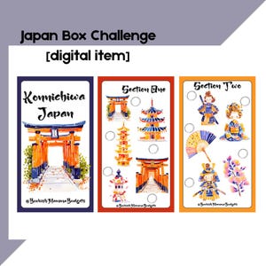 May include: Digital item titled "Japan Box Challenge" with three cards. The cards feature Japanese imagery, including a torii gate, pagodas, and samurai. Text includes "Konnichiwa Japan," "Section One," and "Section Two."