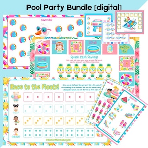 May include: A digital pool party bundle with various printable games and activities. The bundle includes games like "Splash Cash Savings" and "Race to the Floats!" with colorful illustrations of beach balls, pineapples, and pool floats. The text "Save $50" is visible.