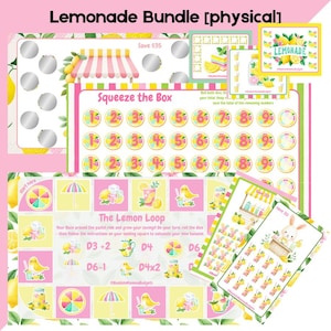 Puede incluir: Un conjunto de imprimibles coloridos con temática de limonada para presupuestos y ahorros. El paquete incluye tarjetas para rascar, tableros de juego y pegatinas. El texto incluye "Lemonade Bundle [physical]", "Squeeze the Box" y "The Lemon Loop".