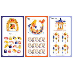 May include: Three colorful cards with a sushi roll, a koi fish, and a pagoda with lanterns. The sushi card says "Save $---". The koi fish card says "Save $15". The pagoda card says "Save $40".