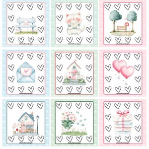 May include: Nine square images with a heart border. Each image features a watercolour illustration of a romantic theme, including a bench, cat with letter, trees, envelope, house, balloons, shop, flowers, and stacked letters.