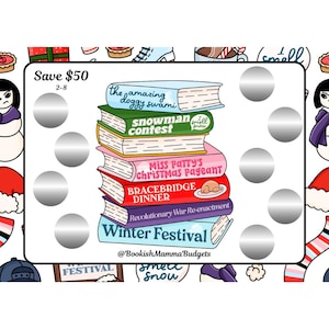 May include: A white card with a stack of colorful books with titles like "The Amazing Doggy Swami", "Snowman Contest", "Miss Patty's Christmas Pageant", "Bracebridge Dinner", and "Revolutionary War Re-enactment". The card also has the text "Save $50" and "Winter Festival" with the social media handle "@BookishMammaBudgets".