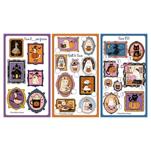 May include: Three sheets of Halloween-themed stickers. Each sheet features framed illustrations of ghosts, pumpkins, cats, and witches. The sheets are in purple, orange, and blue, with text that reads "Save $__ per frame", "Roll & Save", and "Save $25".