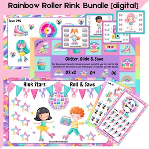 Puede incluir: Un paquete digital Rainbow Roller Rink con ilustraciones coloridas. El paquete incluye tableros de juego con temas de patinaje sobre ruedas, con personajes, estrellas y una bola de discoteca. El texto incluye "Glitter, Glide & Save" y "Rink Stars".