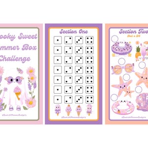 May include: Three vertical challenge cards with pastel illustrations. The first card says Spooky Sweet Summer Box Challenge with a ghost holding ice cream. The second shows a dice grid labelled Section One. The third shows Section Two with beach icons.