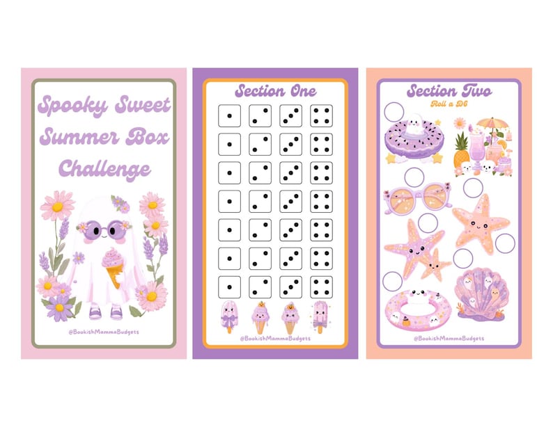 May include: Three vertical challenge cards with pastel illustrations. The first card says Spooky Sweet Summer Box Challenge with a ghost holding ice cream. The second shows a dice grid labeled Section One. The third shows Section Two with beach icons.