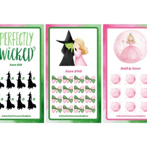 May include: Three colorful cards with a green and pink border. The first card says "PERFECTLY WICKED" and features witch silhouettes. The second card shows a witch and a woman. The third card has a princess and says "Roll & Save".