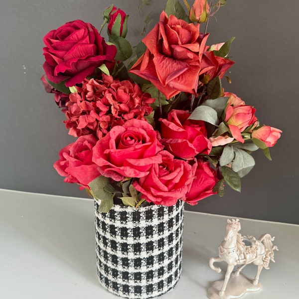 Tweed style red black fashion wedding bridal shower bridesmaid bouquet centerpiece isle stand customize personalize name on a centerpiece