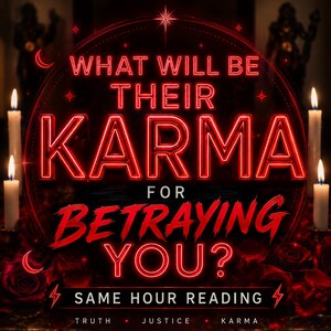 以下が含まれることがあります： WHAT WILL BE THEIR KARMA FOR BETRAYING YOU? SAME HOUR READINGという赤いネオン文字が光るデジタルグラフィック。その下にはTRUTH、JUSTICE、KARMAという単語が記されている。周囲は4本の白いキャンドルと赤いバラで囲まれている。