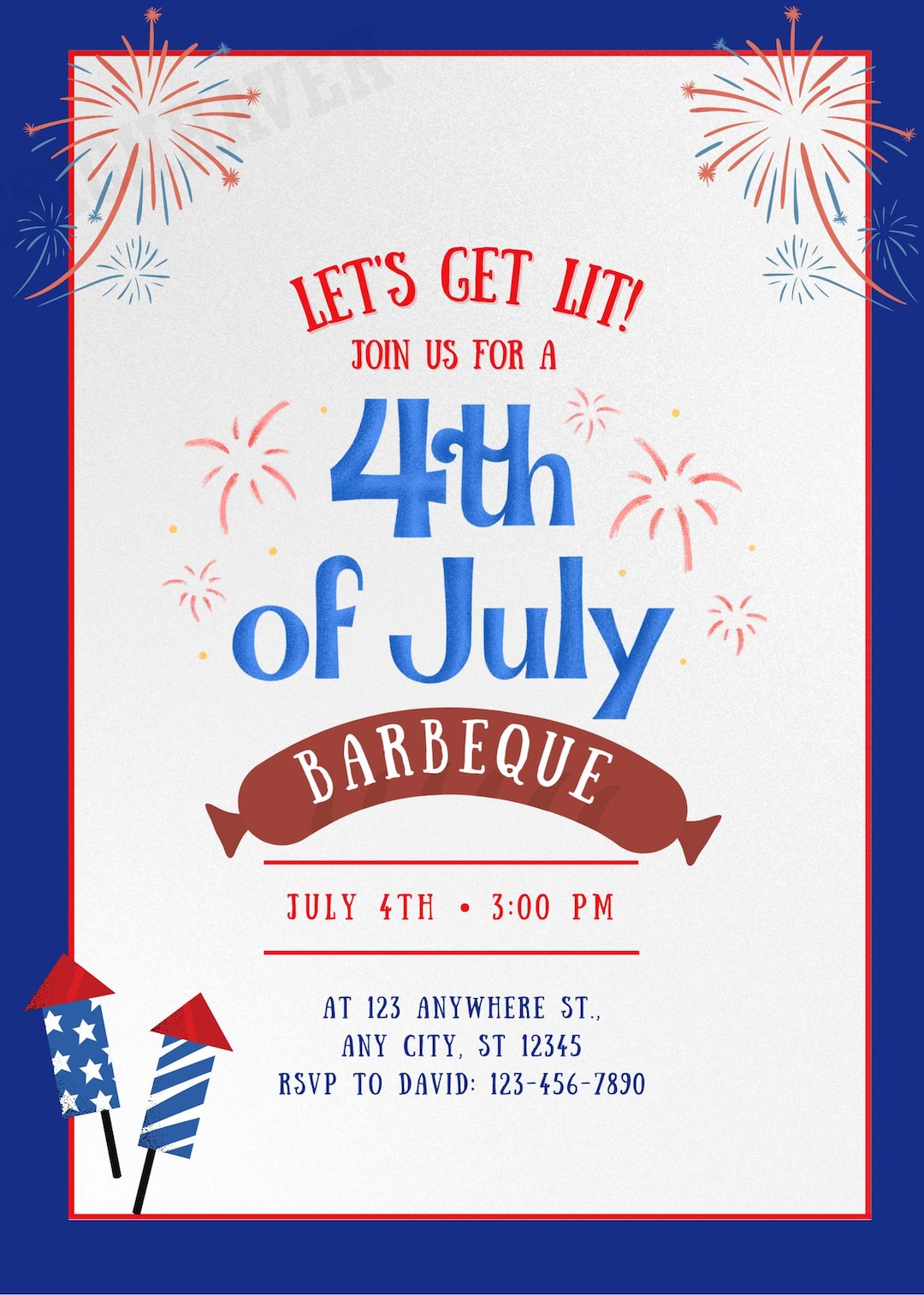 4th of July BBQ Party Invitation | Patriotic Red White & Blue Fireworks ...