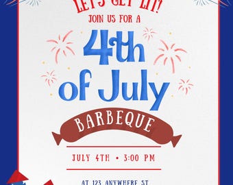 4th of July BBQ Party Invitation | Patriotic Red White & Blue Fireworks Invite | Editable Printable Digital Download