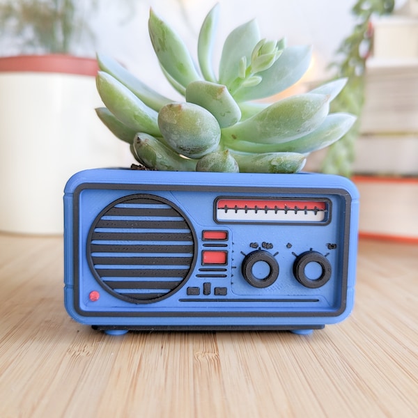 Retro Radio Succulent Planter - Voyager Blue | Fun Gift for Plant Lover | Maximalist Home Decor | Unique 3D Printed Planter | Desk Accessory