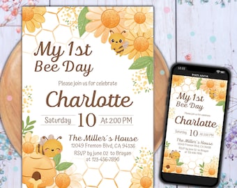 Bee verjaardagsuitnodiging, Bee 1e verjaardag uitnodigen, 1e Bee Day uitnodiging, Bumble Bee verjaardag, Honey Bee uitnodiging, 1e verjaardag meisje Bee