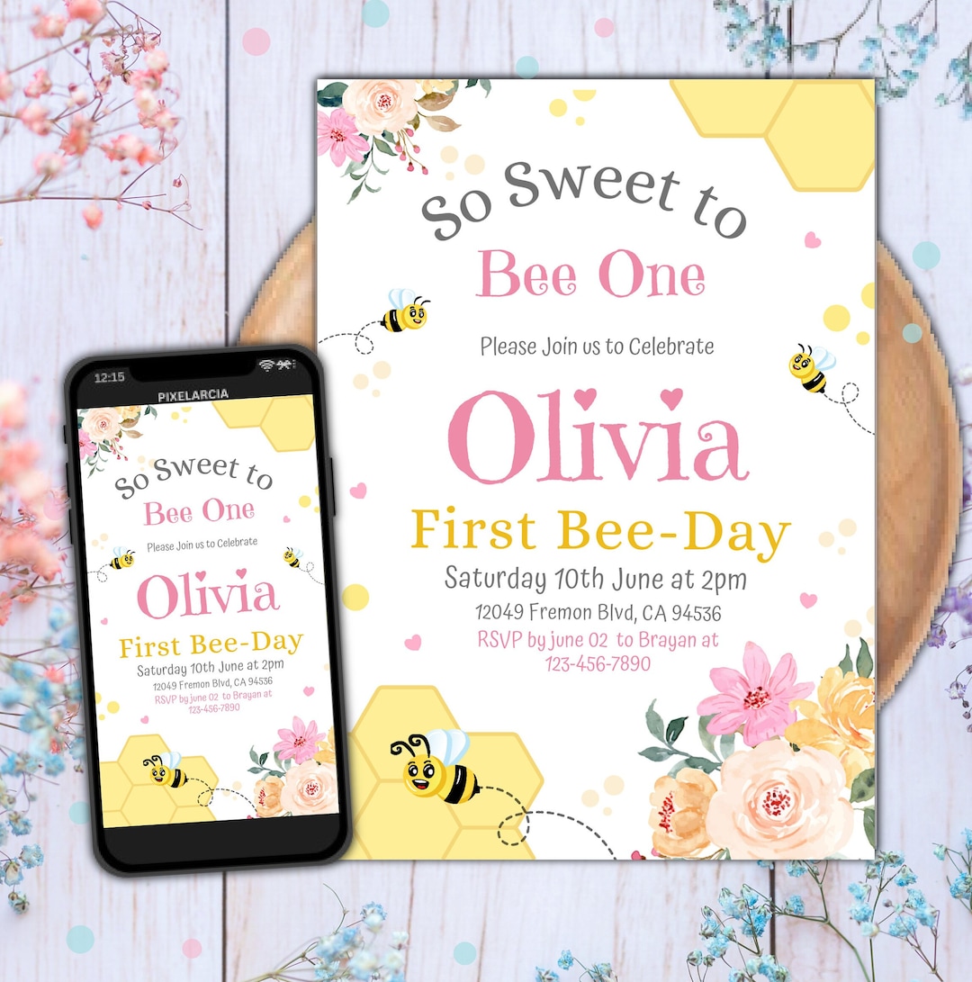 Editable Bee Birthday Invitation, Honey Bee Birthday, Party Bee 1st ...