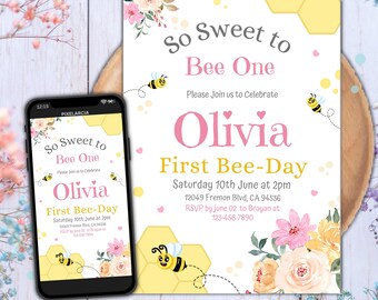 Editable Bee Birthday Invitation, Honey Bee Birthday, Party Bee 1st Birthday, So Sweet To Bee One, Party Bee-Day 1st Birthday, Beeday party