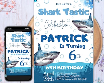 May include: A blue and white birthday invitation with a shark theme. The invitation says "Join us for a Shark Tastic Celebration" and "Patrick is turning 6th". The invitation also includes the date and time of the party, as well as the address and RSVP information.