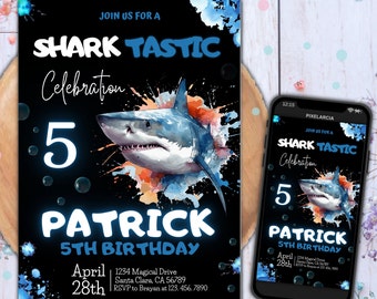 May include: A black and blue birthday invitation with a shark illustration and the text "Join us for a Shark Tastic Celebration 5 Patrick 5th Birthday April 28th 1234 Magical Drive Santa Clara, CA 56789 RSVP to Brayan at 123.456.7890"